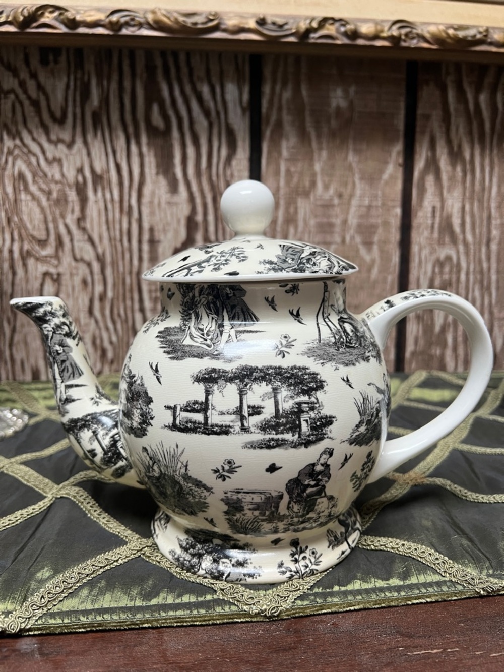 Black & White Scenic Porcelain Teapot - Elegant Home Accent